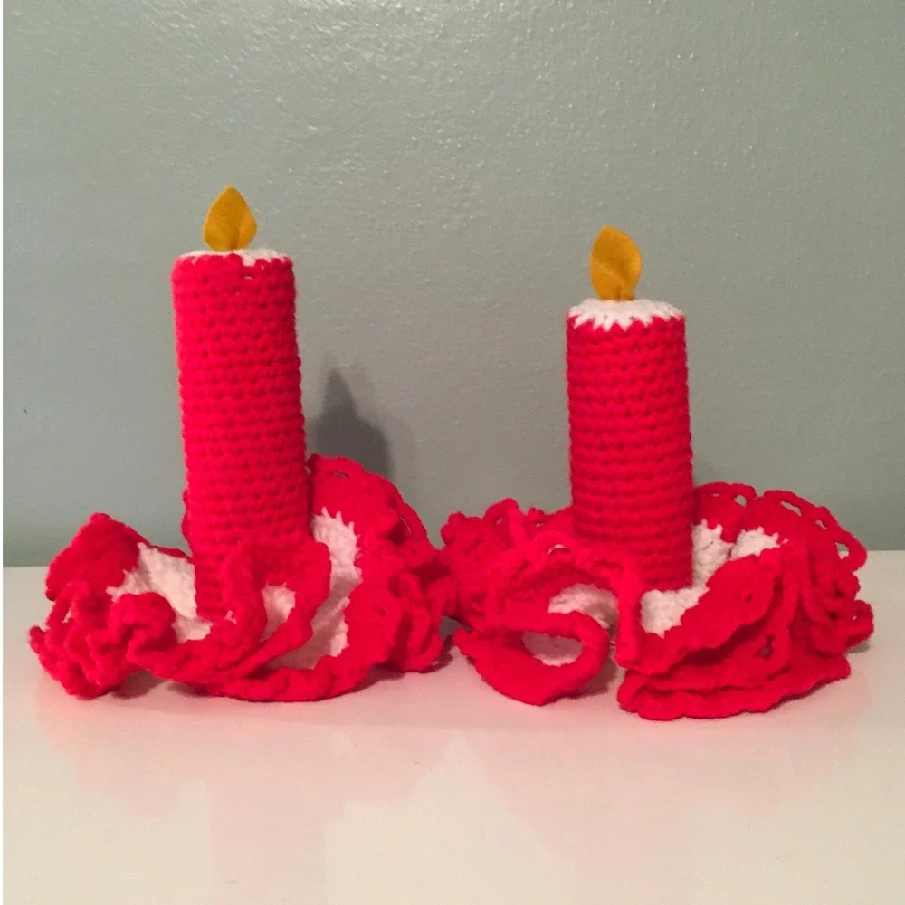 Vtg‎ Handmade Pair Crochet Christmas Holiday Candle Frill Skirt Felt Flame Decor